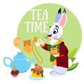 White Rabbit hurrying to the mad tea party. Illustration to the fairy tale Alice`s Adventures in Wonderland. Template