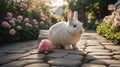 Adorable White Rabbit in a Spring Garden Royalty Free Stock Photo