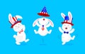 White rabbit jumping and dancing with American hat.