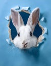 A white rabbit with large ears peeks through a torn blue paper background, creating a playful and curious scene Generative AI Royalty Free Stock Photo