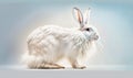 a white rabbit with long hair and a white face is standing in front of a light blue background and has a long, fluffy coat of fur