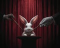 White rabbit magic trick hat stage magician hand wand glove red curtain dramatic spotlight Royalty Free Stock Photo