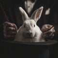 White rabbit magic trick top hat wand illusion, dramatic stage lighting atmosphere Royalty Free Stock Photo