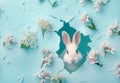 White rabbit peeking through blue paper with white flowers. Creative Easter concept Royalty Free Stock Photo