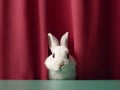 White rabbit peeks out with interest from behind a red curtain