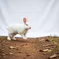 A white rabbit with pink ears is on a dirt path with scattered leaves Royalty Free Stock Photo