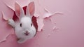 White Rabbit Poking Head Out of Pink Wall. Generative AI