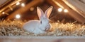 White rabbit resting on straw in warmly lit Royalty Free Stock Photo