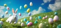 White rabbit runs after Easter eggs flying in the blue sky of a meadow - Banner