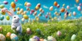 White rabbit runs after Easter eggs flying in the blue sky of a meadow- Banner