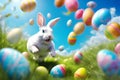 White rabbit runs after Easter eggs flying in the blue sky of a meadow