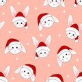 White Rabbit Santa Claus on Pink Background. Vector Illustration