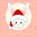 White Rabbit Santa Claus on Pink Greeting Card. Vector Illustration