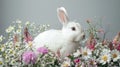 a white rabbit seated in the lower right corner beside spring flowers against a gray background, leaving ample empty