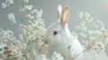 a white rabbit seated in the lower right corner beside spring flowers against a gray background, leaving ample empty