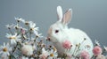 a white rabbit seated in the lower right corner beside spring flowers against a gray background, leaving ample empty