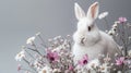 a white rabbit seated in the lower right corner beside spring flowers against a gray background, leaving ample empty