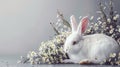 a white rabbit seated in the lower right corner beside spring flowers against a gray background, leaving ample empty