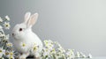 a white rabbit seated in the lower right corner beside spring flowers against a gray background, leaving ample empty