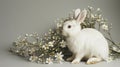 a white rabbit seated in the lower right corner beside spring flowers against a gray background, leaving ample empty