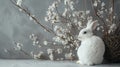 a white rabbit seated in the lower right corner beside spring flowers against a gray background, leaving ample empty