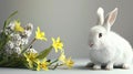 a white rabbit seated in the lower right corner beside spring flowers against a gray background, leaving ample empty