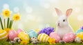 A white rabbit sits among a colorful array of Easter eggs. The eggs are decorated