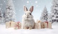 A white rabbit sits in the snow next to Christmas presents, surrounded by a winter landscape.