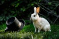 white rabbit sitting with a black top hat beside on green grass Royalty Free Stock Photo