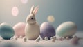 a white rabbit sitting in front of a group of eggs