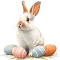 Easter Rabbit Sitting Next to Pile of Eggs. Generative AI Royalty Free Stock Photo