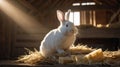 White Rabbit with Red Eyes Posing on Straw Next to Pieces of Cheese in Barn. Royalty Free Stock Photo