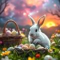 White rabbit in spring garden collects Easter eggs in baskets. AI-generated. Royalty Free Stock Photo