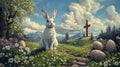 White Rabbit in Spring Meadow with Cross and Easter Eggs Royalty Free Stock Photo