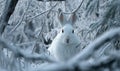 A white rabbit is standing in the snow, looking at the camera Royalty Free Stock Photo