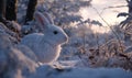 A white rabbit is standing in the snow, looking at the camera Royalty Free Stock Photo