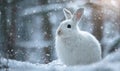 A white rabbit is standing in the snow, looking at the camera Royalty Free Stock Photo