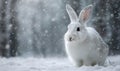 A white rabbit is standing in the snow, looking at the camera Royalty Free Stock Photo