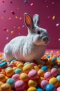 Adorable White Rabbit Surrounded by Colorful Easter Eggs Royalty Free Stock Photo