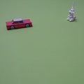 A white rabbit is waiting for a pink car coming towards him on a green background with copy space. Minimal composition for Chinese