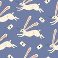 White rabbits with long ears and playing card hand drawn vector illustration. Fabulous hares with aces of spades seamless pattern.