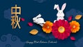 White rabbits with paper cut out Chinese clouds and bright autumn flowers on a dark background for the Chuseok festival