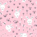 White rabbits in summer flowers and grasses with dragonflies seamless pattern. Cute characters. Baby cartoon vector in simple hand Royalty Free Stock Photo
