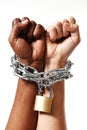 White race hand chain locked together with black ethnicity woman multiracial understanding