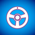 White Racing steering wheel icon isolated on blue background. Car wheel icon. Vector Royalty Free Stock Photo