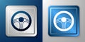 White Racing steering wheel icon isolated on blue and grey background. Car wheel icon. Silver and blue square button Royalty Free Stock Photo