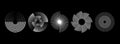 White radial spiral pattern set. Circular spinning speed line form collection. Rotating circle sound wave concept