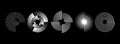 White radial spiral patterns set. Circular spinning speed line forms collection. Rotating circle sound waves concept