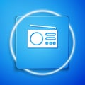 White Radio with antenna icon isolated on blue background. Blue square button. Vector Royalty Free Stock Photo