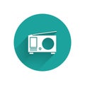 White Radio with antenna icon isolated with long shadow. Green circle button. Vector Royalty Free Stock Photo